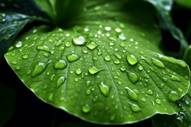 Una hoja verde con gotas de agua.