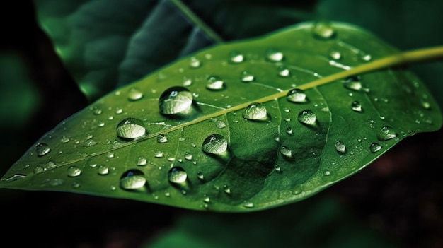 Una hoja verde con gotas de agua