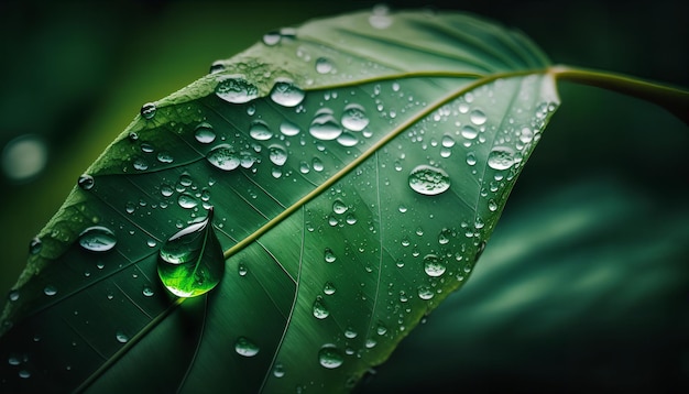 Una hoja verde con gotas de agua