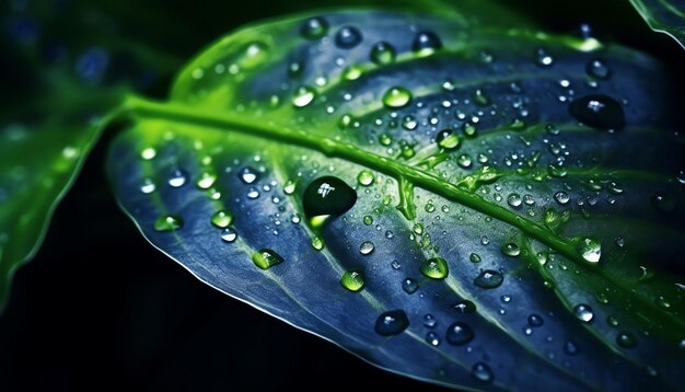 Una hoja verde con gotas de agua