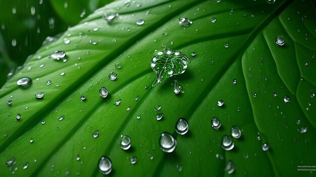 Una hoja verde con las gotas de lluvia sobre ella