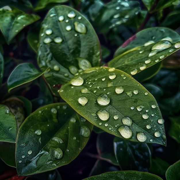 Una hoja verde con gotitas de agua está cubierta de gotitas de agua.