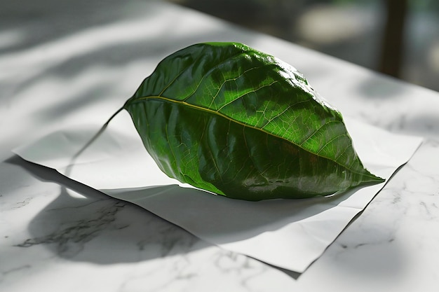 Hoja verde en una mesa de mármol blanco con espacio de copia para el texto