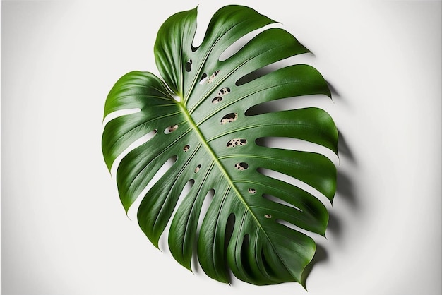 Una hoja verde de monstera con agujeros en un fondo blanco neutro