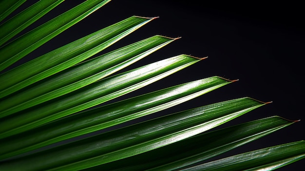 Foto hoja verde de palma aislada sobre un fondo negro con corte de trayectoria generativa ai