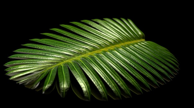 Foto hoja verde de palma aislada sobre un fondo negro con corte de trayectoria generativa ai