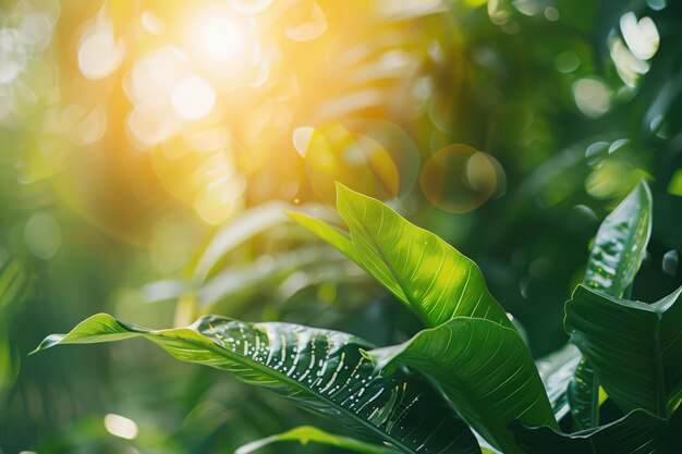 Foto hoja verde sobre un fondo de vegetación borrosa en el jardín con luz solar