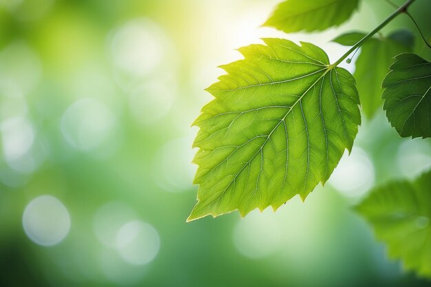 Hoja verde sobre un fondo verde borroso hermosa textura de hojas a la luz del sol fondo plantas verdes naturales ecología del paisaje vista de la naturaleza de primer plano con espacio libre para el texto fondo verde natural