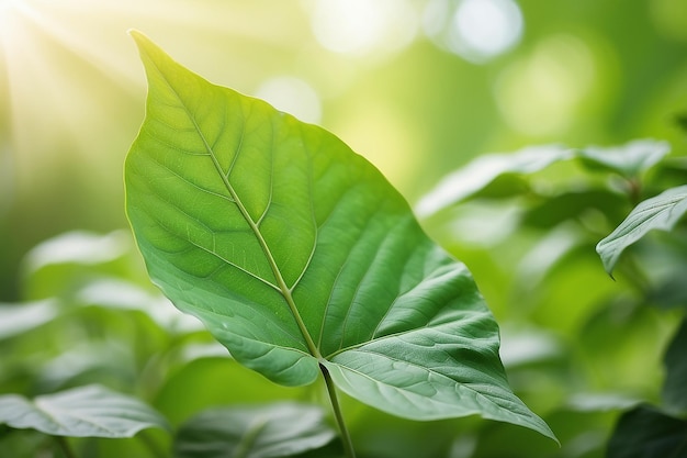 Hoja verde sobre un fondo verde borroso hermosa textura de hojas a la luz del sol fondo plantas verdes naturales ecología del paisaje vista de la naturaleza de primer plano con espacio libre para el texto fondo verde natural