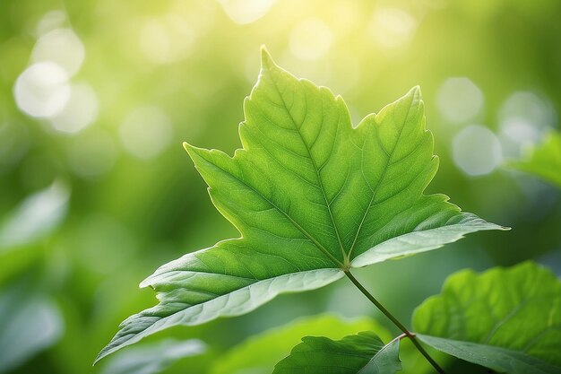 Foto hoja verde sobre un fondo verde borroso hermosa textura de hojas a la luz del sol fondo plantas verdes naturales ecología del paisaje vista de la naturaleza de primer plano con espacio libre para el texto fondo verde natural