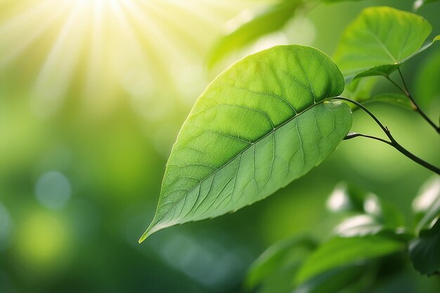 Hoja verde sobre un fondo verde borroso hermosa textura de hojas a la luz del sol fondo plantas verdes naturales ecología del paisaje vista de la naturaleza de primer plano con espacio libre para el texto fondo verde natural