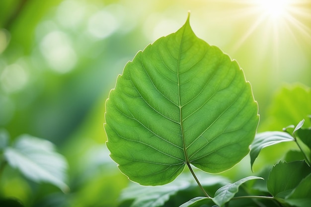 Hoja verde sobre un fondo verde borroso hermosa textura de hojas a la luz del sol fondo plantas verdes naturales ecología del paisaje vista de la naturaleza de primer plano con espacio libre para el texto fondo verde natural