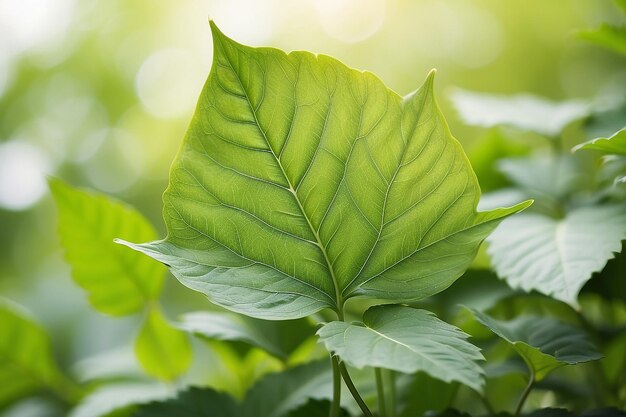 Foto hoja verde sobre un fondo verde borroso hermosa textura de hojas a la luz del sol fondo plantas verdes naturales ecología del paisaje vista de la naturaleza de primer plano con espacio libre para el texto fondo verde natural