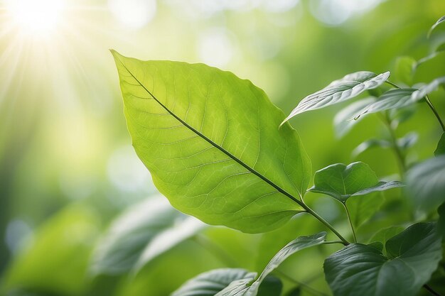 Hoja verde sobre un fondo verde borroso hermosa textura de hojas a la luz del sol fondo plantas verdes naturales ecología del paisaje vista de la naturaleza de primer plano con espacio libre para el texto fondo verde natural