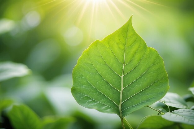 Hoja verde sobre un fondo verde borroso hermosa textura de hojas a la luz del sol fondo plantas verdes naturales ecología del paisaje vista de la naturaleza de primer plano con espacio libre para el texto fondo verde natural