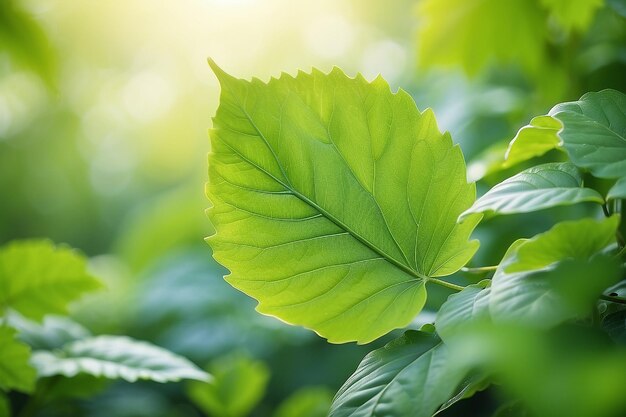 Foto hoja verde sobre un fondo verde borroso hermosa textura de hojas a la luz del sol fondo plantas verdes naturales ecología del paisaje vista de la naturaleza de primer plano con espacio libre para el texto fondo verde natural