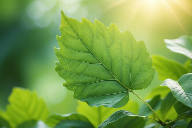 Foto hoja verde sobre un fondo verde borroso hermosa textura de hojas a la luz del sol fondo plantas verdes naturales ecología del paisaje vista de la naturaleza de primer plano con espacio libre para el texto fondo verde natural