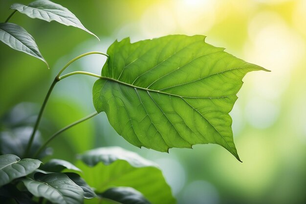 Foto hoja verde sobre un fondo verde borroso hermosa textura de hojas a la luz del sol fondo plantas verdes naturales ecología del paisaje vista de la naturaleza de primer plano con espacio libre para el texto fondo verde natural