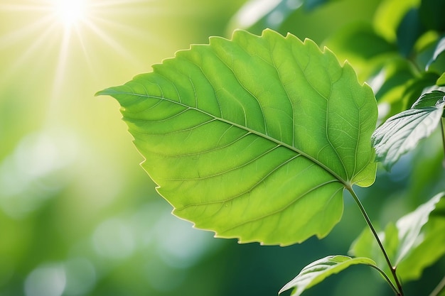 Foto hoja verde sobre un fondo verde borroso hermosa textura de hojas a la luz del sol fondo plantas verdes naturales ecología del paisaje vista de la naturaleza de primer plano con espacio libre para el texto fondo verde natural