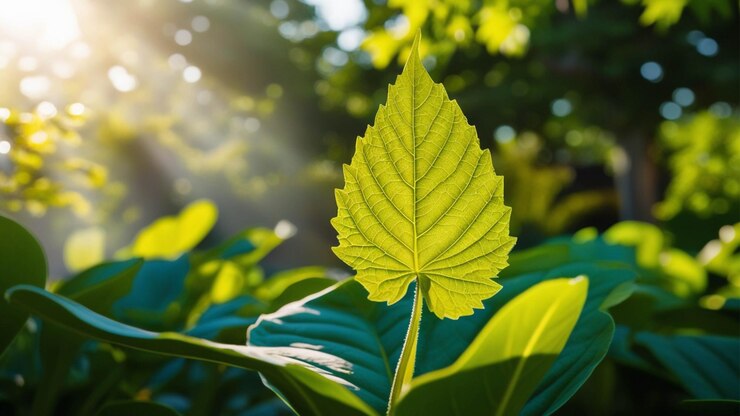 una hoja verde con el sol brillando a través de las hojas