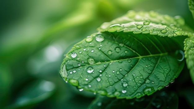 Hoja verde vibrante con una gota de agua reluciente