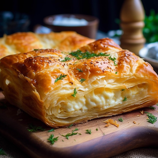 Hojaldre al horno con queso y hierbas sobre una tabla de madera