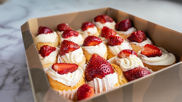 Foto hojaldre de crema de fresa en una caja