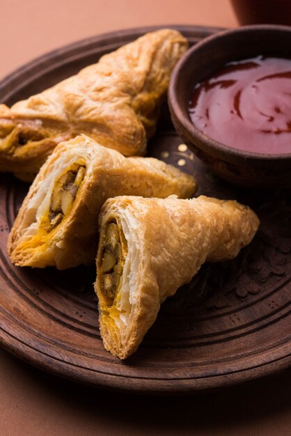 Hojaldre de verduras rellenas o samosa, famoso snack de panadería india, servido con salsa de tomate y té caliente, enfoque selectivo