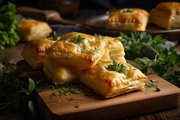 Hojaldres hojaldrados estilo ravioli con relleno de queso y hierbas creados con ai generativa