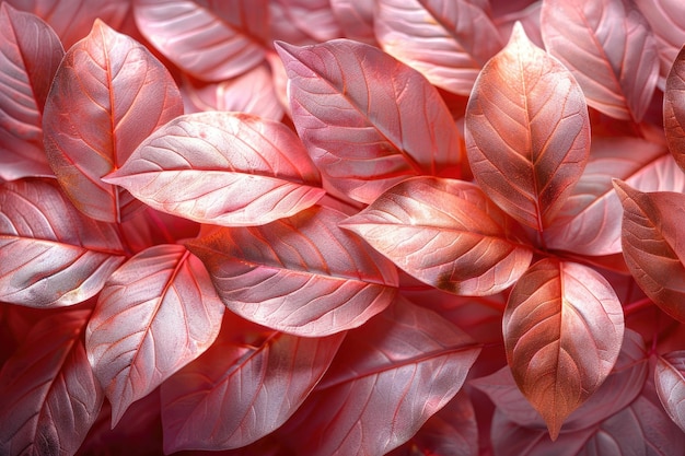 Las hojas 3D en oro rosa, marrón y rosa crean un fondo exuberante