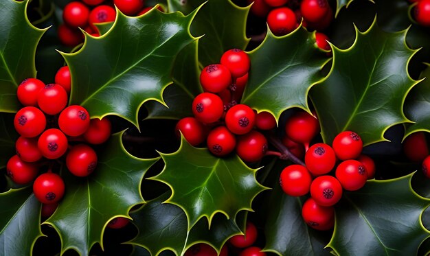 Hojas de acebo y bayas rojas telón de fondo de Navidad y Año Nuevo