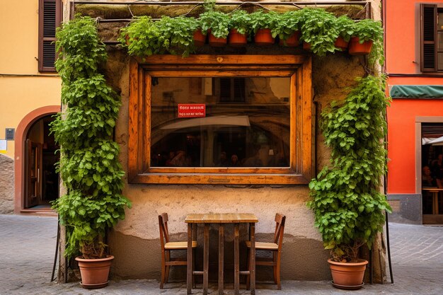 Foto hojas de albahaca formando un marco alrededor de una trattoria italiana