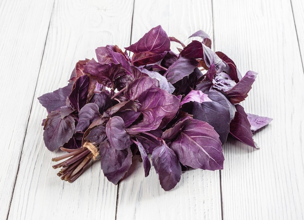 Hojas de albahaca morada fresca sobre fondo blanco de madera