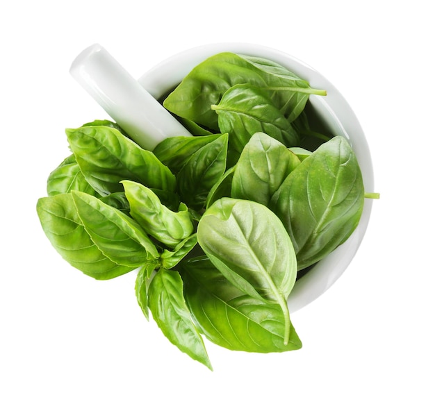 Hojas de albahaca orgánica fresca verde en mortero de cerámica aislado en blanco