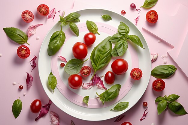 hojas de albahaca y tomates en un plato al estilo de blanco claro y magenta