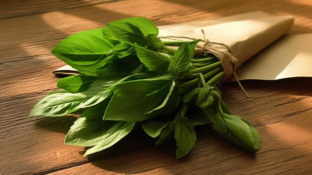 Hojas de albahaca en un trozo de papel sobre una mesa de madera