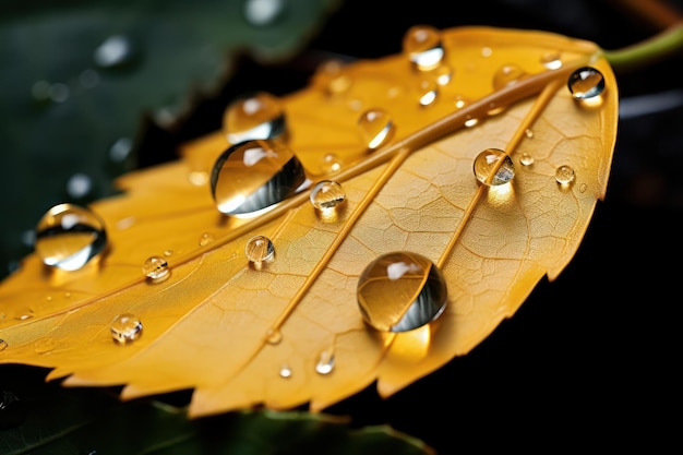 Hojas amarillas con gotas de agua en ámbar claro y estilo plateado generadas por IA