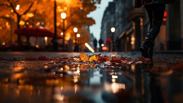 Las hojas amarillas de otoño caen sobre el pavimento húmedo lluvioso por la noche la luz borrosa de la ciudad