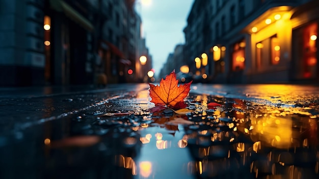 Las hojas amarillas de otoño caen sobre el pavimento húmedo lluvioso por la noche la luz borrosa de la ciudad