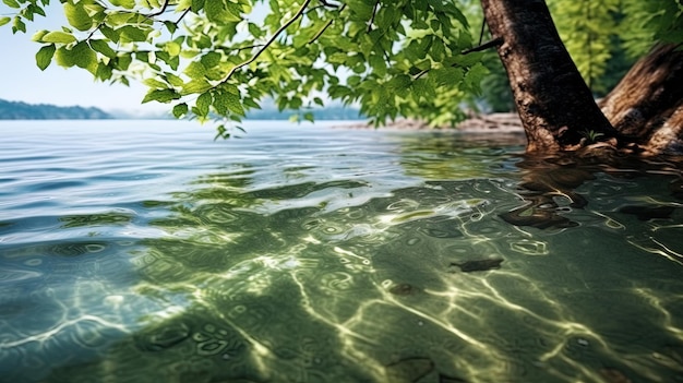 Hojas de árboles de primavera en el agua