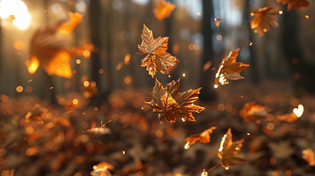 hojas de arce caídas en el bosque de otoño al atardecer