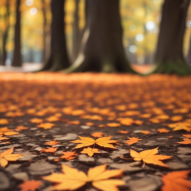 Hojas de arce naranja en el suelo con un fondo desenfocado con efecto bokeh generado por IA