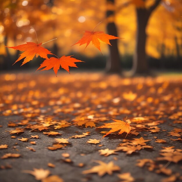 Hojas de arce naranja en el suelo con un fondo desenfocado con efecto bokeh generado por IA