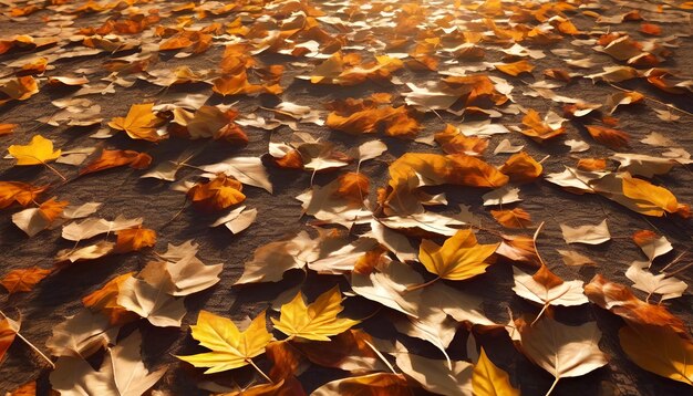 Hojas de arce naranja en el suelo con un fondo desenfocado efecto bokeh