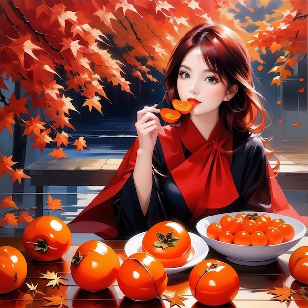 Las hojas de arce de otoño chica comiendo persimones en tendencia en pixiv fanbox paleta de pintura acrílica kn