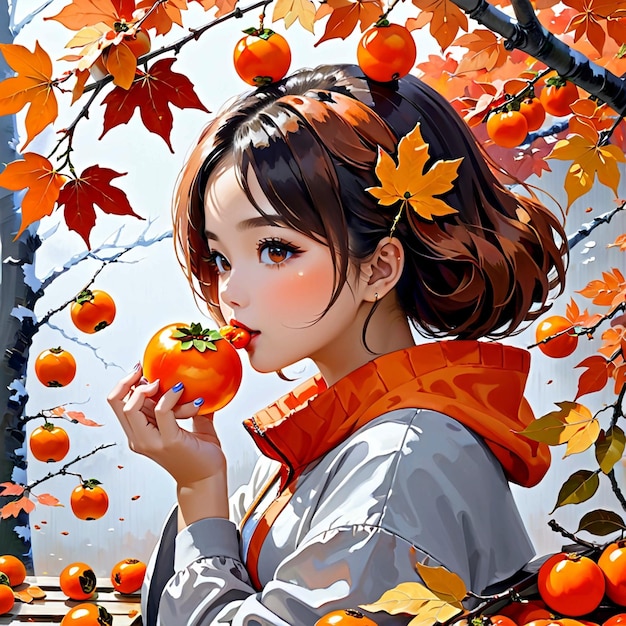 Hojas de arce de otoño chica comiendo persimones en tendencia en pixiv fanbox pintura acrílica