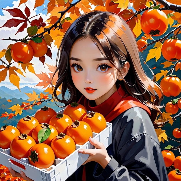 Hojas de arce de otoño chica comiendo persimones en tendencia en pixiv fanbox pintura acrílica