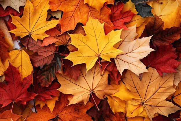Hojas de arce de otoño esparcidas en una superficie brillante