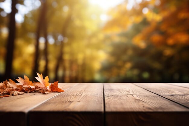Hojas de arce de otoño en una mesa de madera Hojas caídas de fondo natural IA generativa