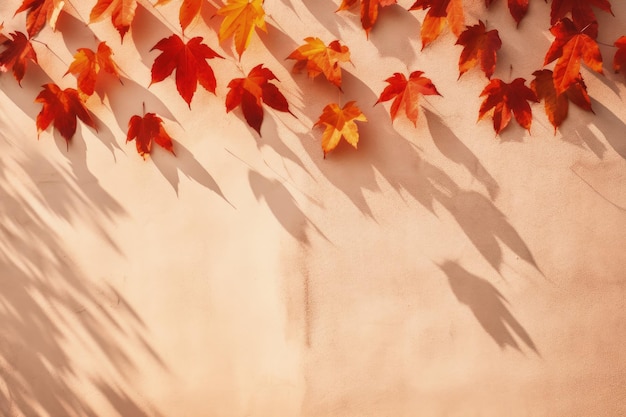 Las hojas del arce proyectan sombra en la pared de otoño telón de fondo de otoño abstracto